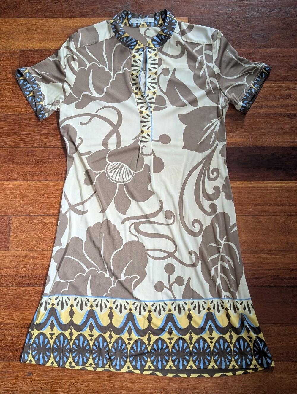 Elie Tahari Brown & Cream Floral Short Sleeve 100% Silk Tunic